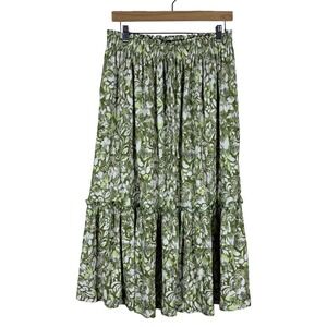 Elle Tiered Floral Paisley Pleated Midi Skirt Green Boho Ruffle Size L